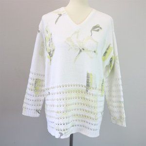 Vunic White and Green Floral Eyelet Knit Sweater